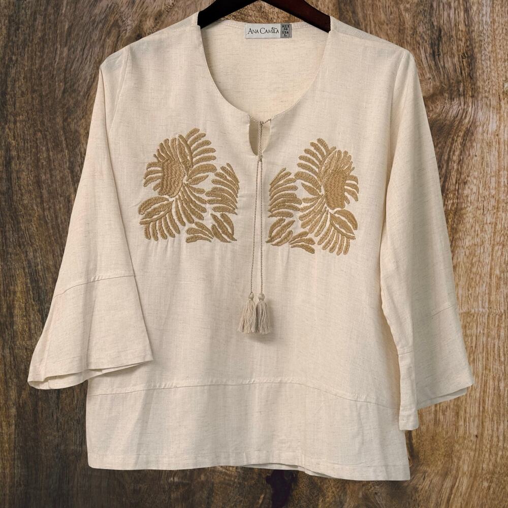 Mexican Boho Peasant Blouse Embroidered 3/4 sleeve women